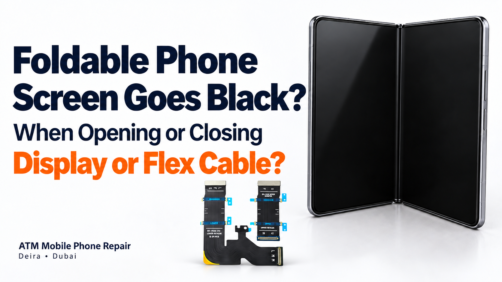Foldable phone with a black inner screen being inspected for a display or flex-cable fault