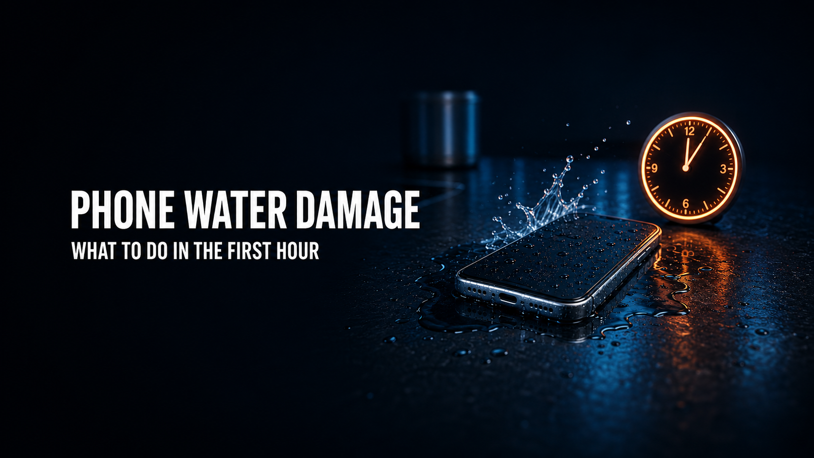 Water-damaged smartphone being removed from water with emergency first-hour recovery steps highlighted.