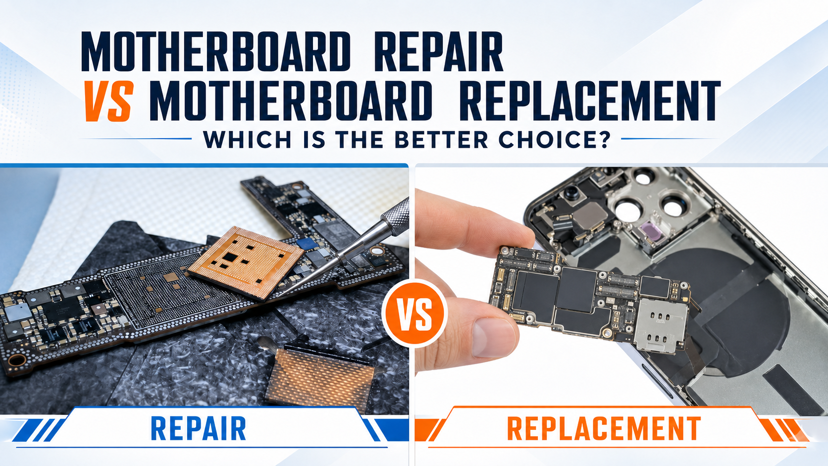 Smartphone motherboard being repaired under a microscope beside a replacement motherboard, illustrating repair versus replacement options.